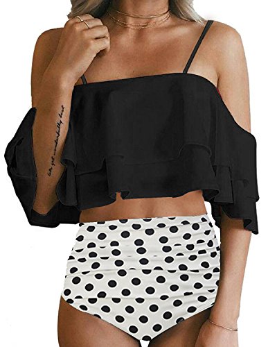 Holipick Women 2 Piece Ruffled Flounce Off Shoulder Tankini Top with Polka Dot Bottoms Swimsuits Set Holipick Women 2 Piece Ruffled Flounce Off Shoulder Tankini Top with Polka Dot Bottoms Swimsuits Set