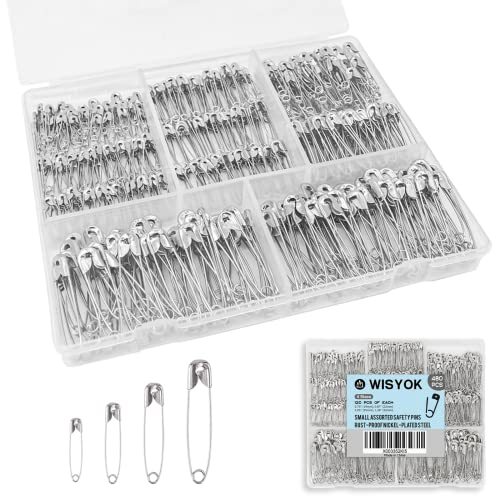 WISYOK 480 Pack Safety Pins Assorted - Small Safety Pins Bulk, Nickel Plated Steel Large, 5 Different Sizes Safety Pin for Clothes, Sewing, Fixing, Crafts, Classification