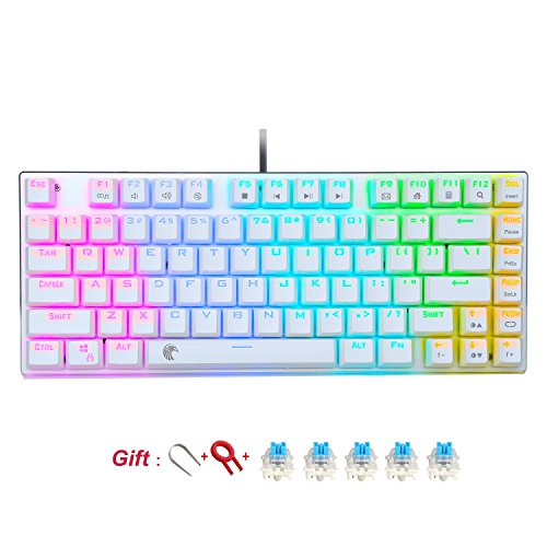 e元素メカニカル式ゲーミングキーボード 青軸81キーアンチゴーストキー 10色可調節呼吸モードLEDバックライト付き USB有線防水ゲーム用パソコンキーボード（青軸ーホワイト） [並行輸入品]