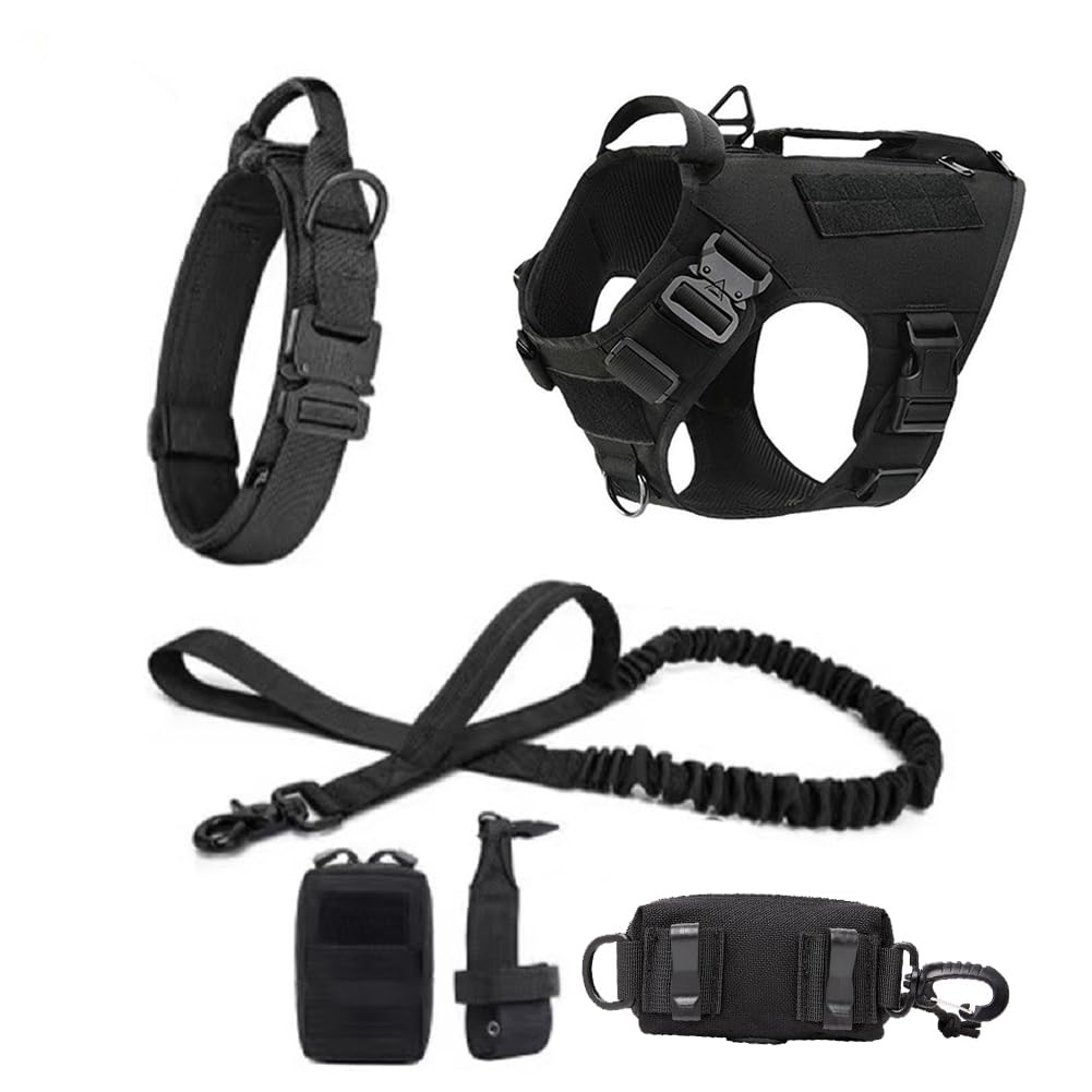 MOKATES Harnais pour chiens de grande taille - Berger allemand, Malinois, gilet d'entraînement - Harnais et laisse et collier - Ensemble pour toutes les races de chiens - Noir - Ensemble complet