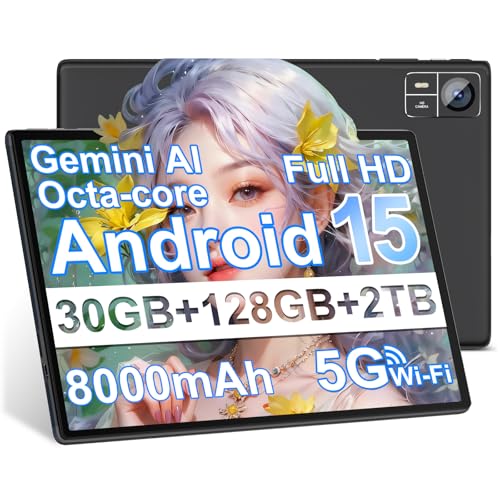 JVVQTB Tablet Android 15 Octa Core 30GB RAM + 128GB ROM (2TB TF) tablets 10 Inch | 5G + 2.4G WiFi | GPS |Widevine L1|Gemini AI|FHD | Bluetooth 5.0 | 8MP + 5MP | Type C, Tablets with a case - Black