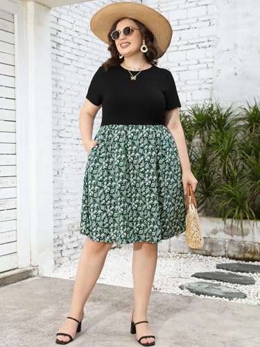 YOUNRUI WOMEN’S PLUS SIZE CASUAL SPRING DRESSES WITH POCKETS SHORT SLEEVE CREWNECK WOVEN&KNIT PATCHWORK FLORAL DRESS(2XL-1011-GN FLORAL)