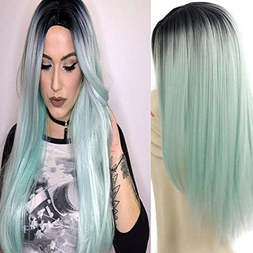 26'' Cosplay Wig Long Straight Hair Heat Resistant Fiber Party Wigs Green Black Roots None Front Lace Full Wigs(Green)