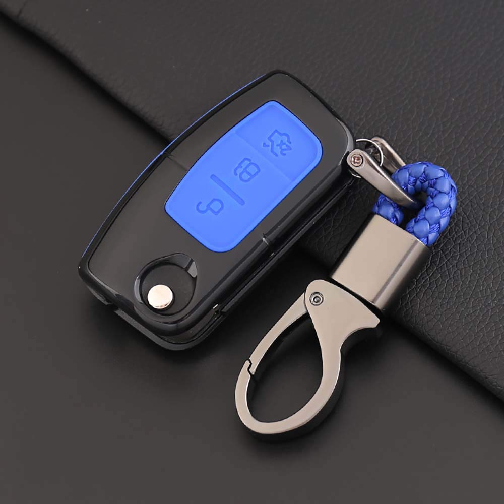 ontto Car Key Cover for Ford Fiesta ABS Plastic + Soft Silicone Full Protective Key Fob Cover for Fusion Focus Mondeo C-Max S-Max Bantam 3 Button Folding Car Flip Key Entry Case Black/Blue