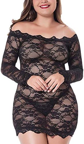 JKioleg Women Women Lace Night Dress, Cold Shoulder Sexy Lingerie Chemise Lace Babydoll Sleepwear with Thong Intimates (L, Black)