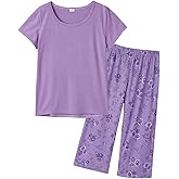 YIJIU Women's Short Sleeve Tops and Capri Pants Cute Cartoon Print Pajama Sets