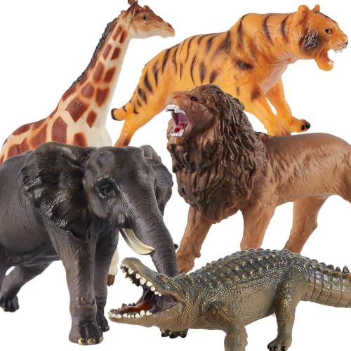 LINFUN KIDS Animal Toy, 5 Pieces Realistic Figure Set | with Lions, Elephants, Giraffes, Crocodiles and Tigers Forest Animals Figures Educational Toy for Boys Girls 3+