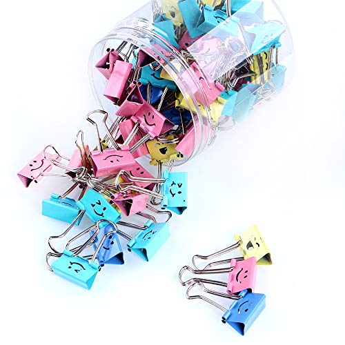 Binder Clips, Limque Paper Clips,Paper Clamps with Colored Cute Hollow Smiling Face,60 Pcs 1inch/25mm Size Clips, for Office,Teacher Gifts and Kitchen,Medium