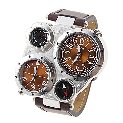 Oulm Adventure Men's Quartz Military Wrist Watch with Dual Movt Compass & Thermometer Function Round Shaped Brown 23mm Leather Band