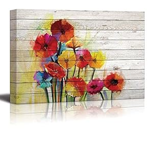 Colorful Watercolor Bouquet of Flowers Over Wood Panels - Canvas Art Home Art - 12x18 inches