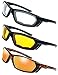 3 Pairs Motorcycle Riding Glasses Padded Frame Lens Block 100% UVB for Outdoor Activity Sport (8-Matte Black/Tortoise, Clear, Yellow, & Red Mirror)