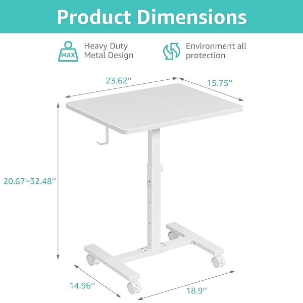 WINAZ SMALL WHITE STANDING ROLLING DESK – 24 INCH PORTABLE MOBILE STAND UP KIDS DESK ADJUSTABLE HEIGHT WITH WHEELS FOR SMALL SPACES, COUCH LAPTOP DESKS SIDE END TABLE FOR HOME OFFICE
