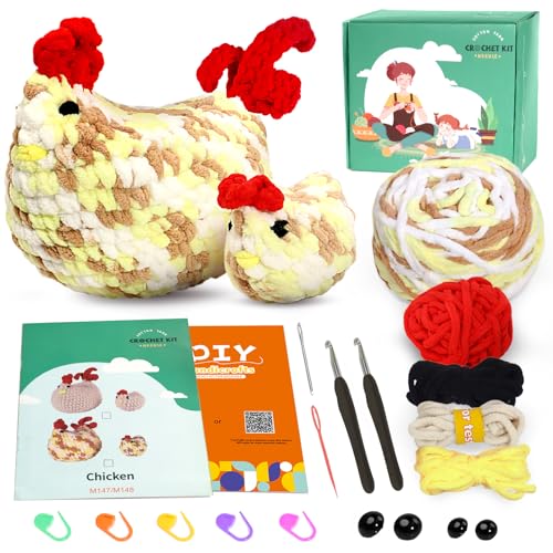 PIPAPI Crochet Kit for Beginners, 2PCS Crochet Animal Colorful Hen Kit, Knitting Kit for Adult Kids with Step-by-Step Video Tutorials, Instructions and Yarns, Hook, Accessories