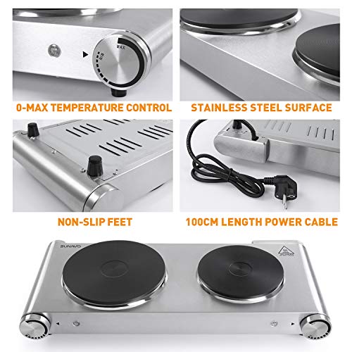 SUNAVO HP-06 Portable Electric Hot Plate hob Cooktop for Cooking, Double Electric Hotplate Burner 1800W Variable Temperature Controllers,Table Top Hot Plate Stainless Steel Scratch-Resistant,Silver
