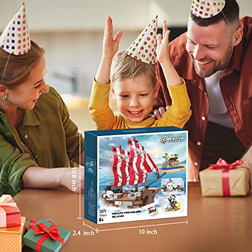 Finebely 3in1 Pirate Ship Building Set with Treasure Island, Toy Pirates Island Building Kit