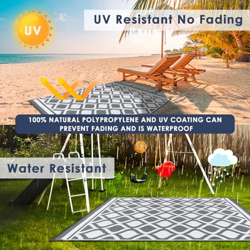VK·LIVING Outdoor Rug for Garden Patios Waterproof 120X180cm Reversible Carpet Durable & UV Resistant Modern Outdoor Mat Portable Lightweight Area Patio Rugs for Balcony Camping Yard RV Grey&White