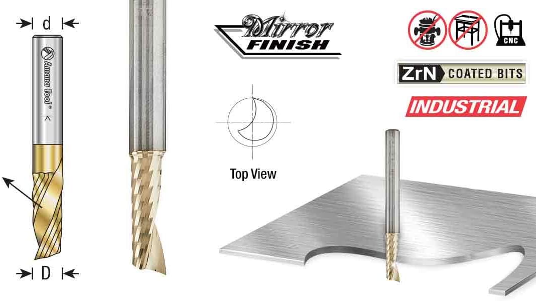 Amana Tool 51402-Z SC Spiral O Single Flute Aluminum Cutting 1/4 D x 5/8 CH x 1/4 SHK x 2 Inch Long Up-Cut ZrN Coated Router Bit withMirror Finish - Image 3