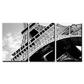 3 Piece Canvas Wall Art - Detailed Bottom View of Eiffel Tower, Paris, Black and White Image - Modern Home Art Stretched and Framed Ready to Hang - 16"x24"x3 Panels