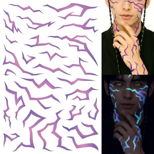 UV Glow Pattern Temporary Tattoos | Purple Demon Energy Pattern | Blacklight Activated Neon Blue | Hunter Cosplay | Fake Tat Stickers | Music Festivals, Kpop RPD, Rave Accessories, Halloween