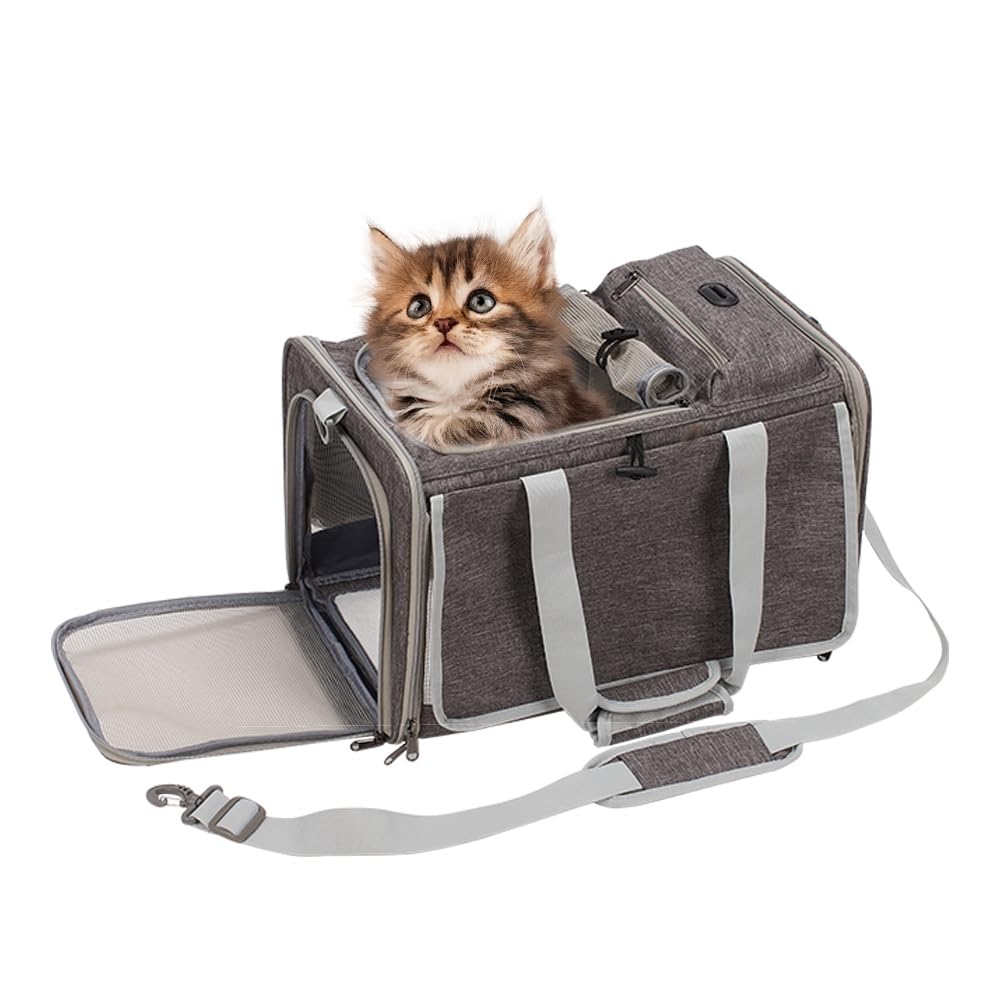 XhuangTech Soft Sided Foldable Pet Carrier Bag for Travel Airline Approved, Portable Transport Carrier for Cats and Small Dog with Top Opening, Washable Mat and Top Storage Pocket 17.3"x11.4"x11.4"