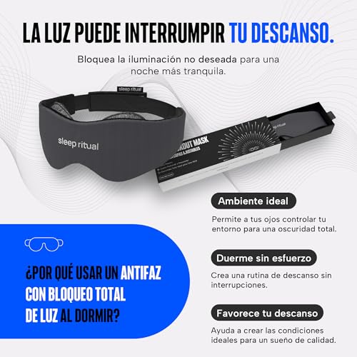 Sleep Ritual Antifaz para Dormir con Tecnología Blackout. Antifaz Premium con Copas Ajustables para Cero Presión Ocular y Tela Transpirable Amigable con la Piel con Velcro de firme fijación. Sleep Mask (Gris Oscuro)