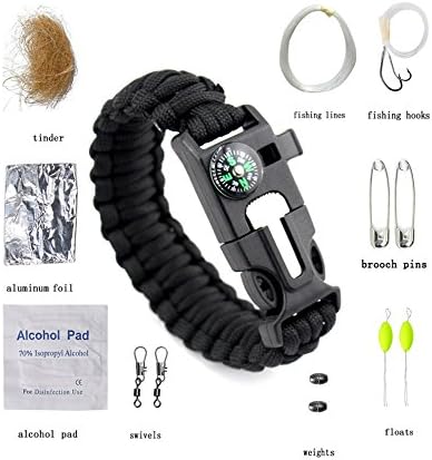 Multi-functional Outdoor Survival Paracord Bracelet Compass + Flint + Survival Whistle + Cut Rope Knife 14 IN 1 Survive Bracelet Best Field Survival Equipment (Black)