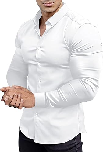 EOUOSS Men's Muscle Fit Dress Shirts Athletic Slim Fit Long Sleeve