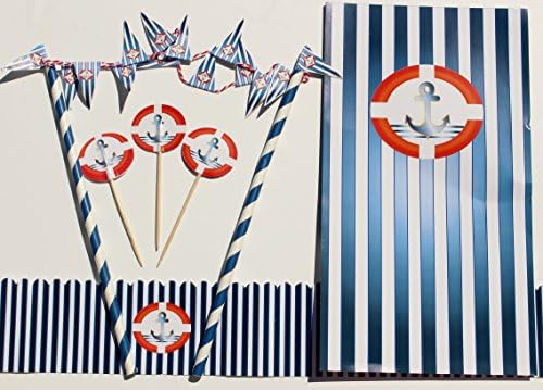 Ahoy Anchor Nautical Party Set - 25 Cupcake Toppers, 1 Cake Bunting, 1 Cake Frill