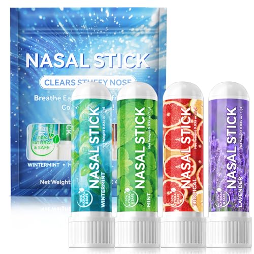 HUALIJIA Nasal Sticks (4 Pack), Nose Inhaler Stick with Essential Oils + Menthol (Mint, Wintermint, Tropical, Lavender) - Enhance Focus & Breathe Better, Provides Fresh Cooling Sensation