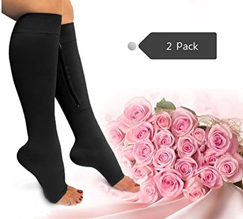 Zipper Compression Socks Toe Open for Varicose Veins and Edema , Unisex Zipper Design Easy to Wear (2 pack) (Black, S/M)