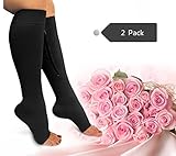 Zipper Compression Socks Toe Open for Varicose Veins and Edema , Unisex Zipper Design Easy to Wear (2 pack) (Black-Black, L/XL)
