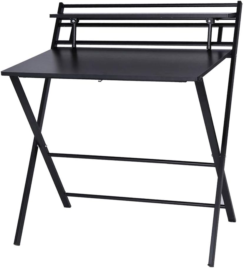 2 Tier Folding Gaming Desk, Wood Sturdy Frame Compact Study Writing Table, Home Office Desk Simple Laptop Computer Desk (Black)