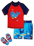 Wippette Baby Boys Cute Whale Squirt Rashguard Swim Short Set Beach Flip Flops