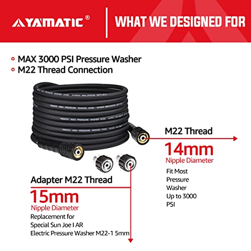 YAMATIC Flexible Pressure Washer Hose 25 FT X 1/4", Universal Replacement M2214mm 15mm Adapters