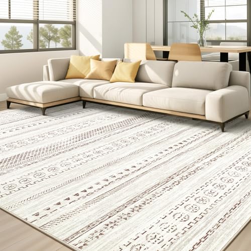 Area Rug Living Room Rugs - 3x5 Washable Boho Farmhouse Bohemian Neutral Large Moroccan Geometric Soft No Slip Indoor Rug Thin Floor Carpet for Bedroom Under Dining Table Home Office Decor - Brown