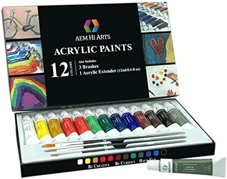 Acrylic Paint Set 12 Colors by AEM Hi Arts - Includes 12 Tubes of Rich and Vibrant Non-Toxic Paint, Extender and Brushes. Rich Pigments Lasting Quality for Beginners, Students & Professional Artists