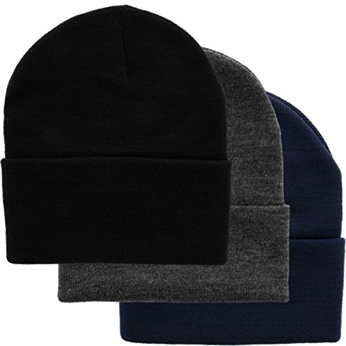 DG Hill Set of 3 Mens Warm Winter Hats, Navy Blue, Slate Gray & Black Beanie Hats, Pack of Soft Acrylic Watch Caps, Cuff Beanie Hat for Men, Cold Weather Toboggans, Thermal Work Hat