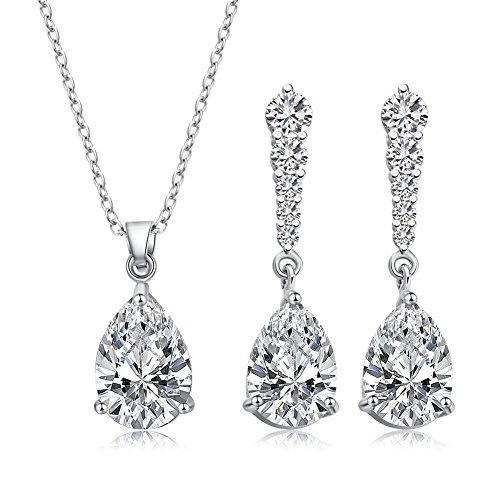 LUYUAN JEWELRY Elegant Jewelry Set for Women, Waterdrop Silver Cubic Zirconia Crystal Rhinestone Necklace Earring Best Gifts for Bridesmaid-White