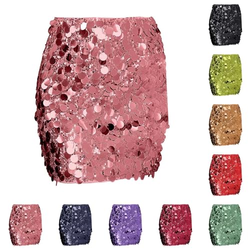 Angxiwan Silver Skirt Sequin Skirt Women Slimming Stretchy Bodycon Mini Skirts Sparkly Glitter Short Dresses for Office Vacation Club Streetwear Y2K Aesthetic Clothes hot Pink