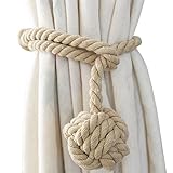 Shinywear 2 Pieces Retro Handmade Curtain Ropes Holdbacks Rural Knot Ball Cotton Cord Drapery Tiebacks Tie Band (Beige linen)