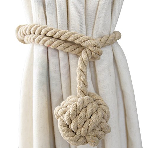 Shinywear 2 Pieces Retro Handmade Curtain Ropes Holdbacks Rural Knot Ball Cotton Cord Drapery Tiebacks Tie Band (Beige linen)