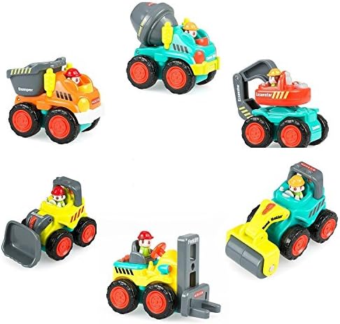Push and Go Sliding Cars for Baby Toddlers Pocket Construction Vehicles Trucks Toy Set of 6 ,Bulldozer, Cement Mixer, Dumper, Forklift, Excavator and Road Roller With Carry Case