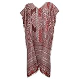 Womens Kaftan Dress Red Pashmina Wool Printed Knee Length Caftan Resortwear