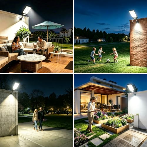 FASENZA Lámpara Solar Exterior: 5000 Lumens 6500K, 144 LED, Batería 5000mAh, IP65, 160° Ángulo, Instalación Sin Cables, Carga 6h/Iluminación 12h, Garantía 2 Años para Jardín Patio Garaje, 2 Paquetes