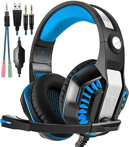 Beexcellent Gaming Headset, Stereo Gaming Headphones Noise Isolation / LED Light / Bass Surround Over-ear / Mic USB &amp; 3.5mm Wired For PS4 PC Laptop Mac Games - Black+Blue