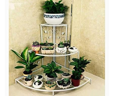 S.F.Decor Presents 3-Tier Iron Plant Stand Floral Corner Shelf Metal Flower Pot Rack Stair-Step Style (White) 30 INCH