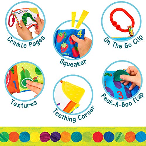 Let's Count Soft Book - World of Eric Carle the Very Hungry Caterpillar Baby on the Go Clip Teething Crinkle Soft Sensory Book for Babies, 5.25x5.25 Inch