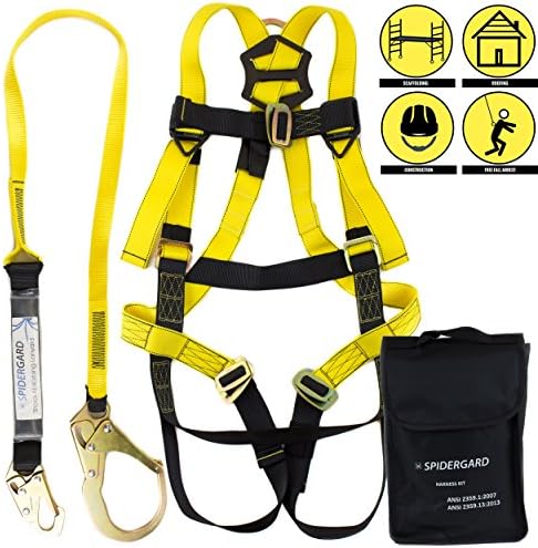 Spidergard SPKIT02 Single D-Ring Full Body Fall Protection Safety Harness Combo with 6 foot Shock Absrober Rebar Hook Lanyard (Yellow, L-XL)