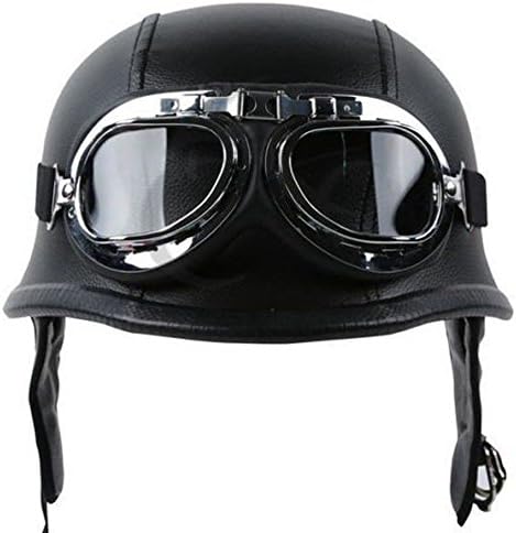 Vintage Leather Helmet With Pilot Goggles &amp; German Style Half Face