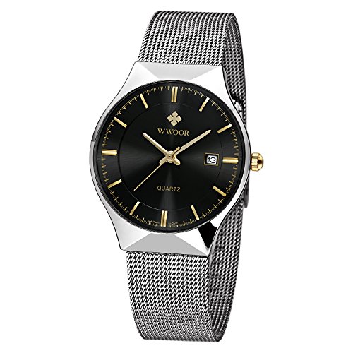 Men's Elite Sport Quartz Watch Male Silver-Tone Ultrathin Stainless Steel Mesh Band Watch With Date Black